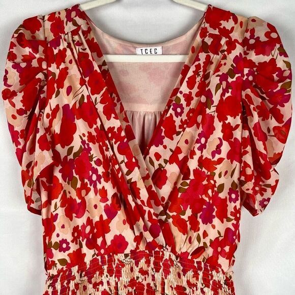 TCEC Puff Sleeve Ruffle Wrap V-neck Blouson Mini Dress Large - Picture 2 of 13